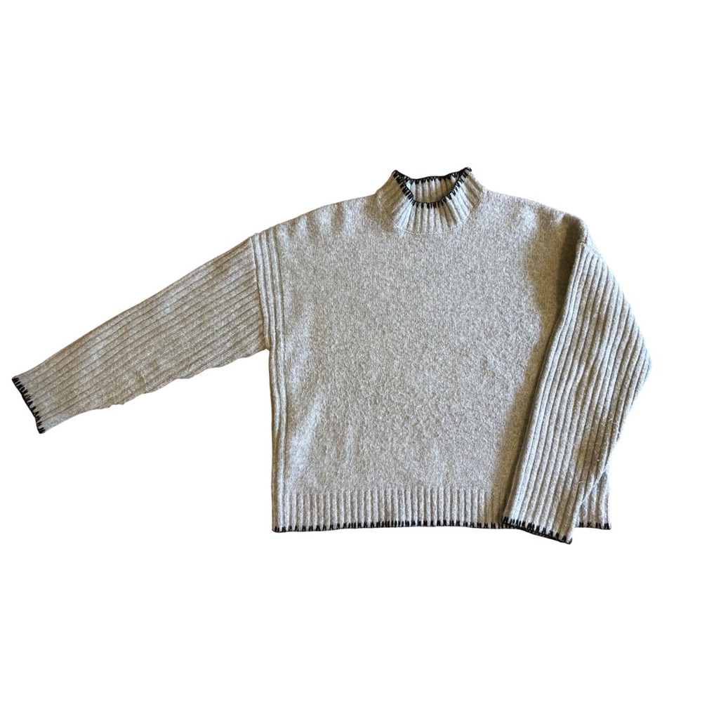 Joie Mock Neck Whipstitch Trim Sweater Gray Black Ribbed Knit Pullover XL